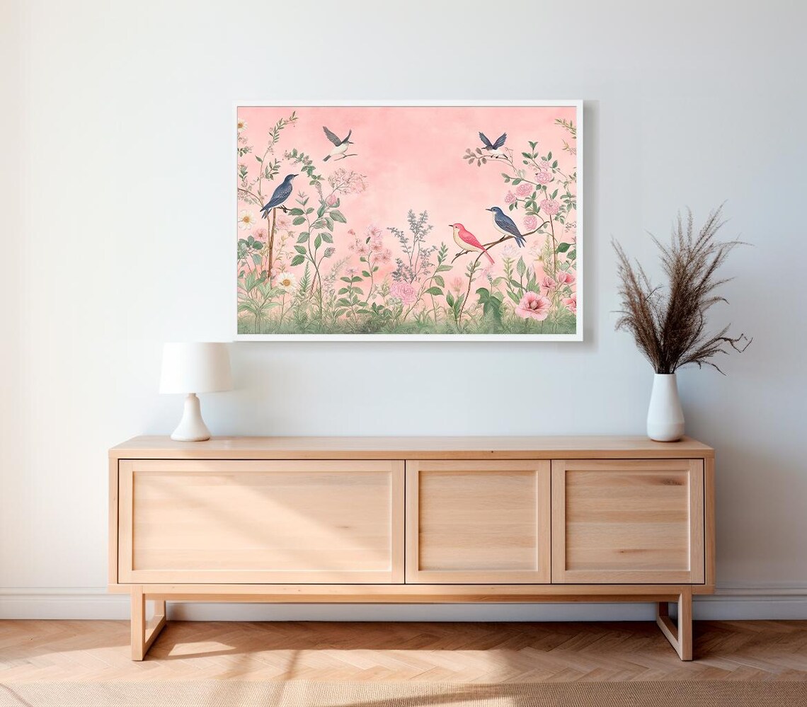 Chinoiserie Birds Among Blush Pink Blossoms Asian Botanical Art Poster - Image 2