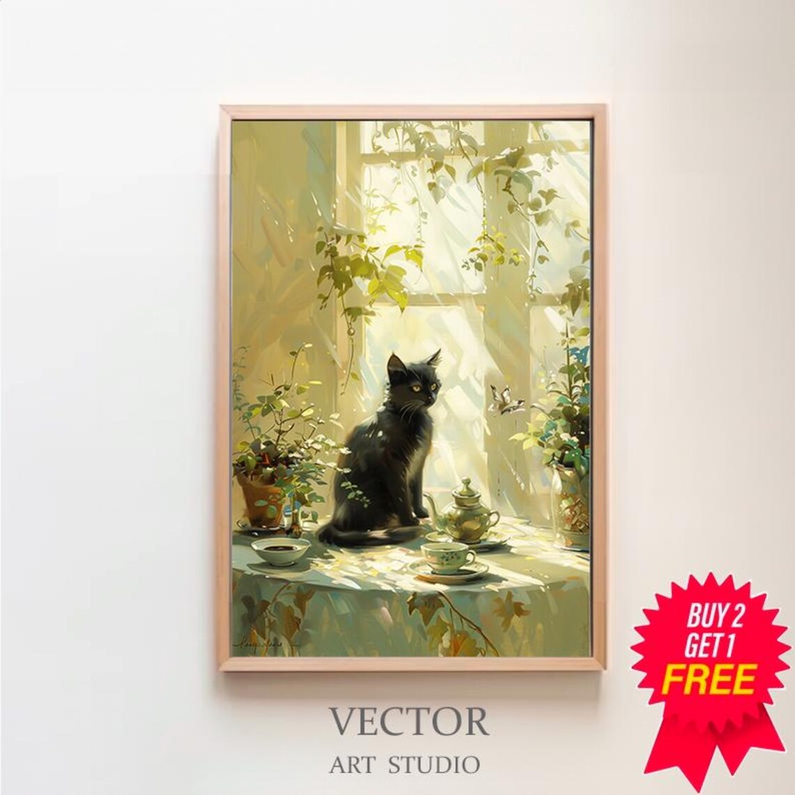 Retro Black Cat Coffee Print, Vintage Tea Cups Art Print