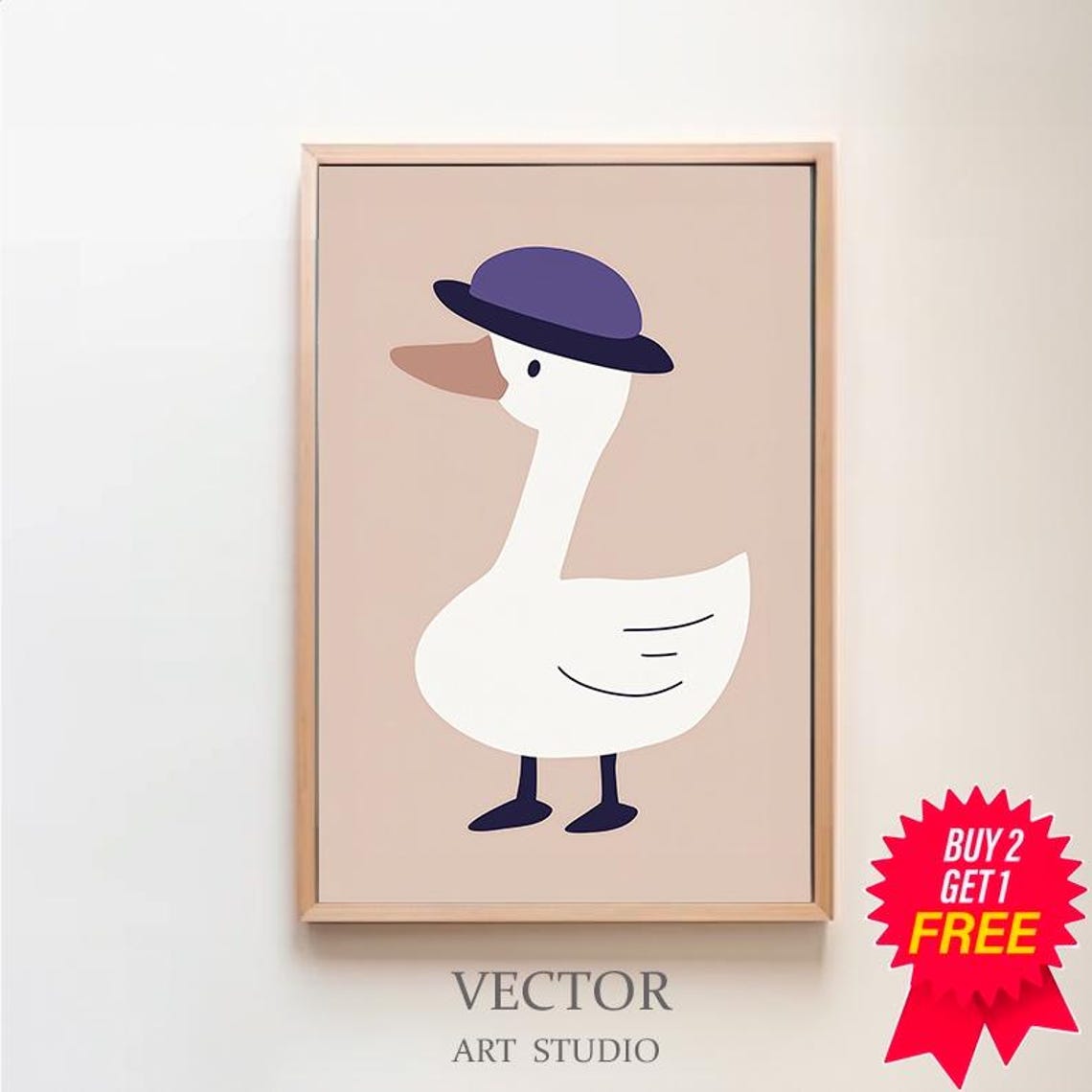 Cute White Goose in Purple Bowler Hat Minimalist Nursery Poster