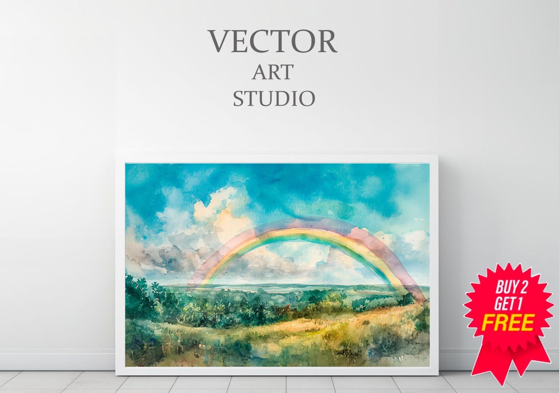 Full Rainbow Arc Over Green Valley Watercolor Landscape Wall Art - Image 3