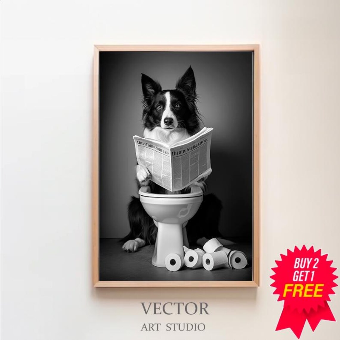 Border Collie in Toilet Bathroom Funny Dog Poster