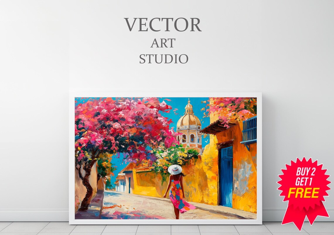 Colorful Mexican Street Scene with Bougainvillea and Church Poster - Image 3