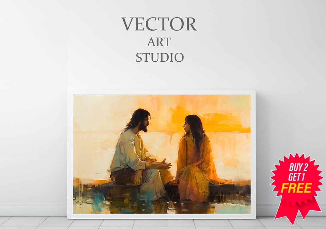 Jesus and Woman Talking by the Water at Sunset Christian Poster - Image 3