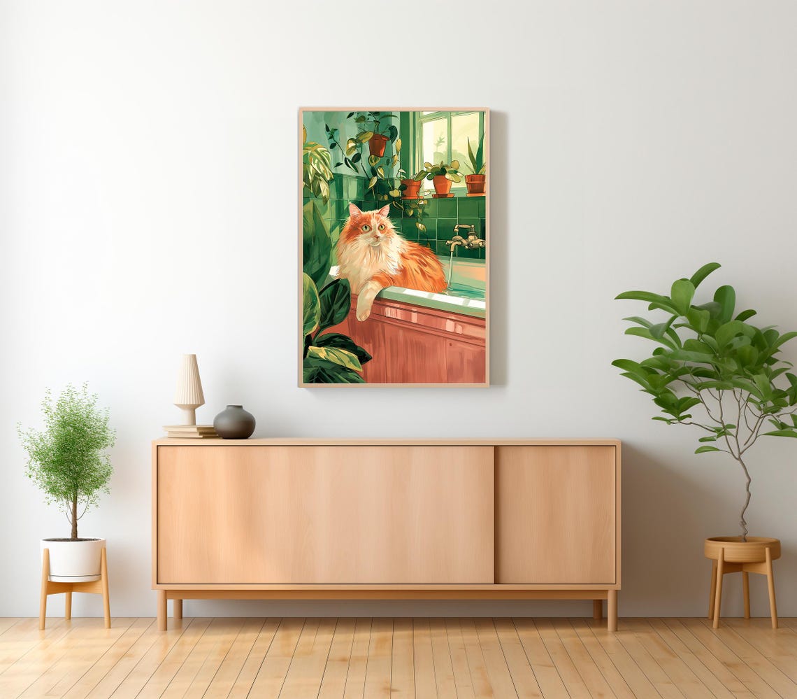 Fluffy Orange Cat Relaxing in a Bathtub Botanical Bathroom Poster - Image 2
