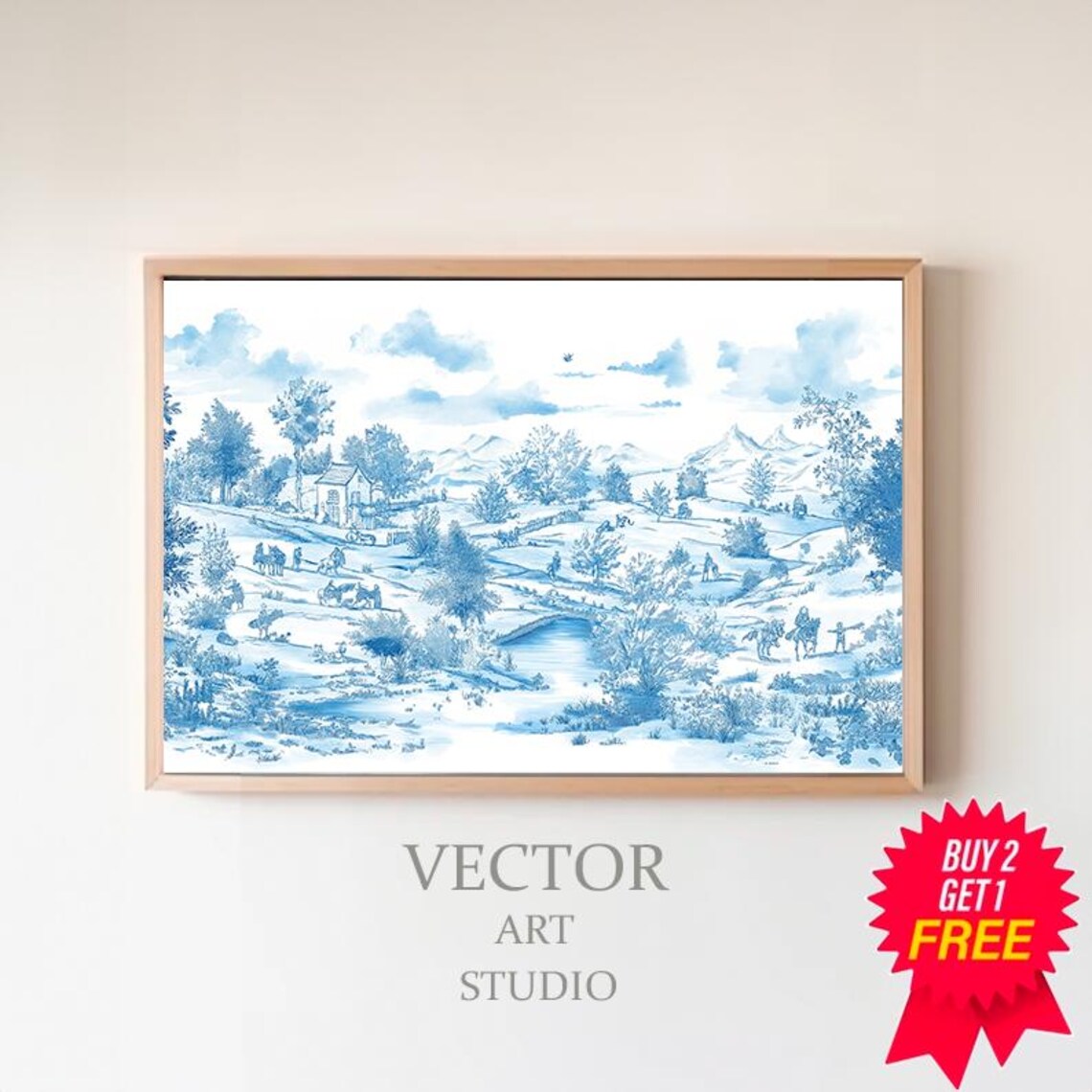 Blue Toile River Landscape With Village Bridge Vintage Poster