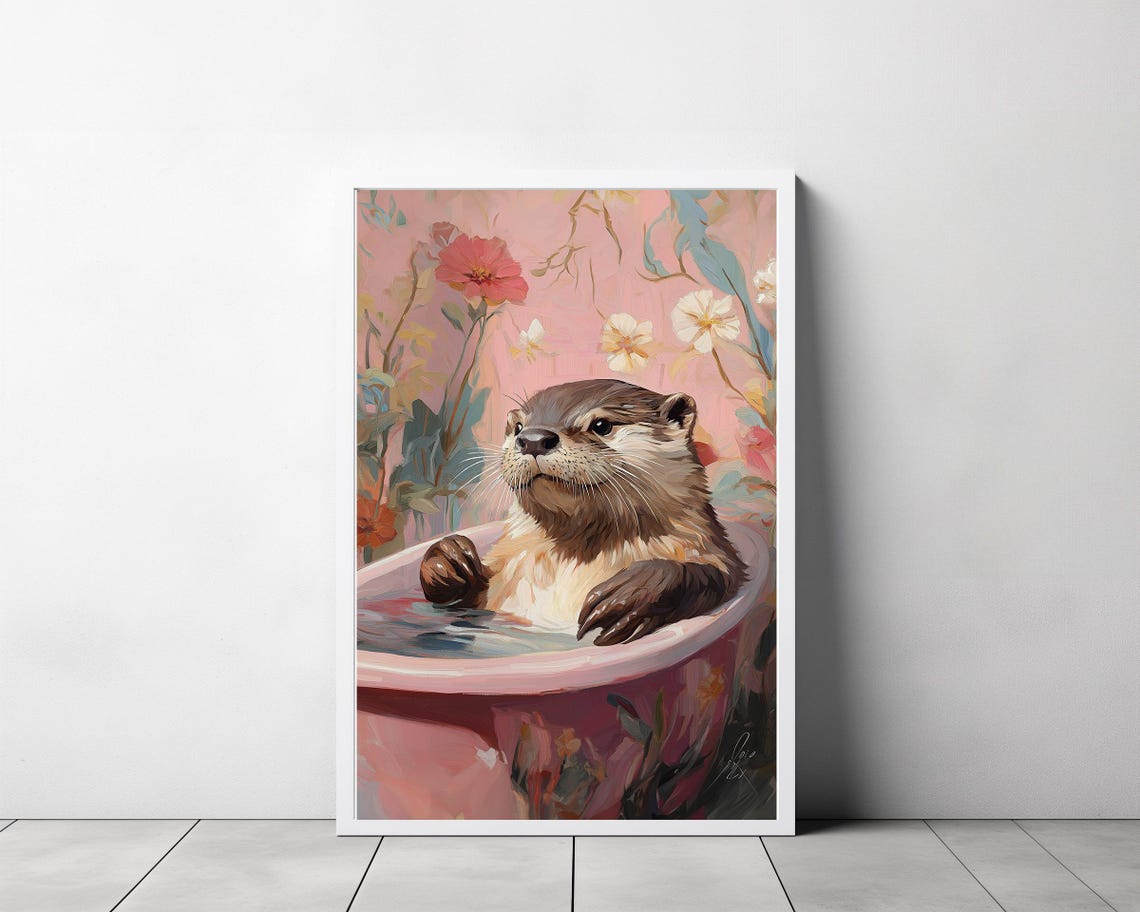 Cute Otter Soaking in a Pink Bathtub with a Pastel Floral Scene Poster - Image 3