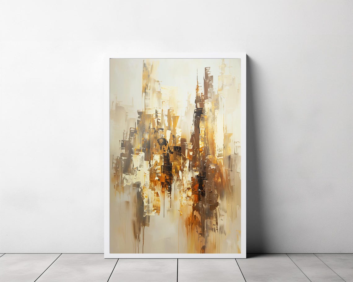 Gold and Beige Abstract Cityscape Painting with Brushstrokes Poster - Image 3
