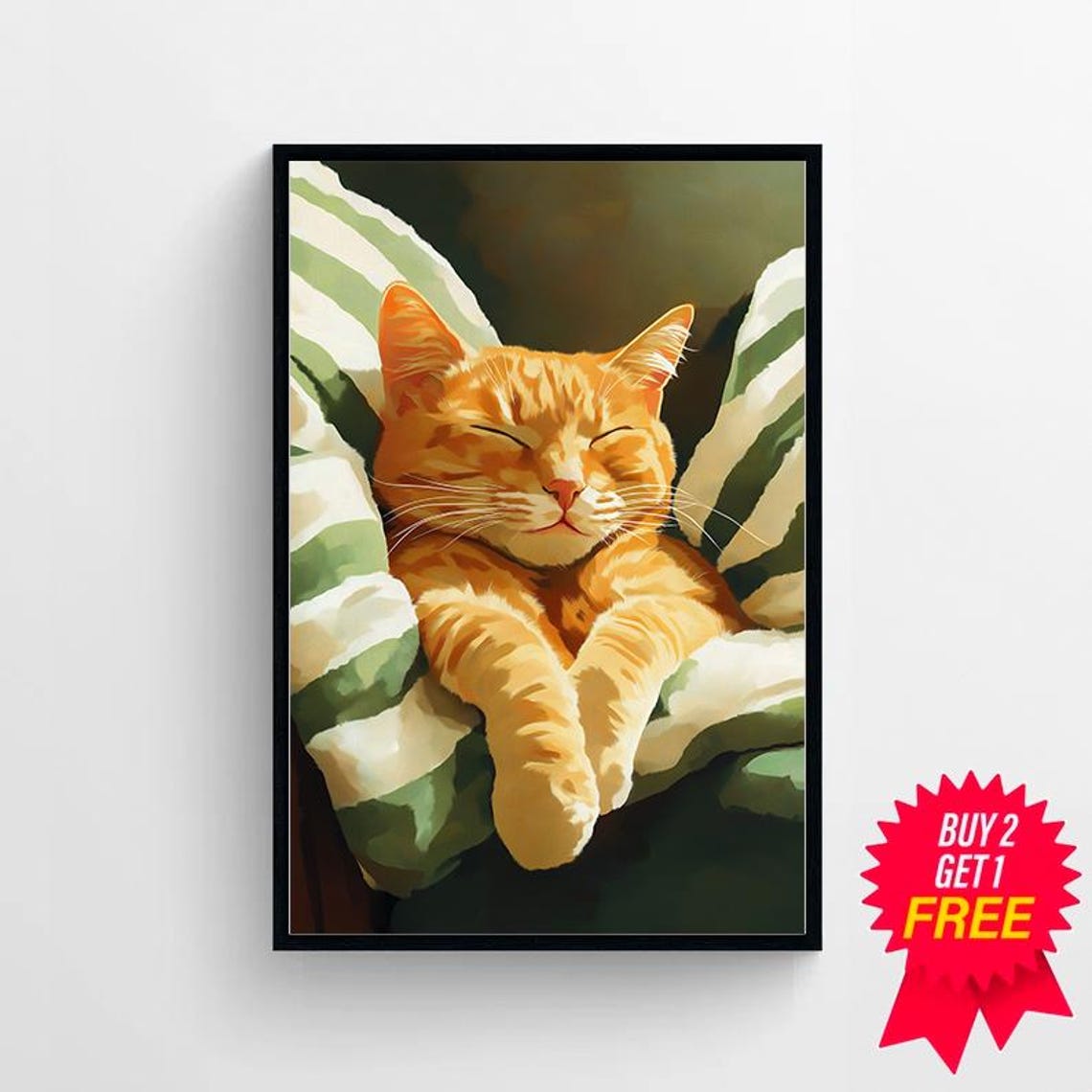 Smiling Orange Cat Napping With Paws Crossed on Striped Pillow Poster - Image 4
