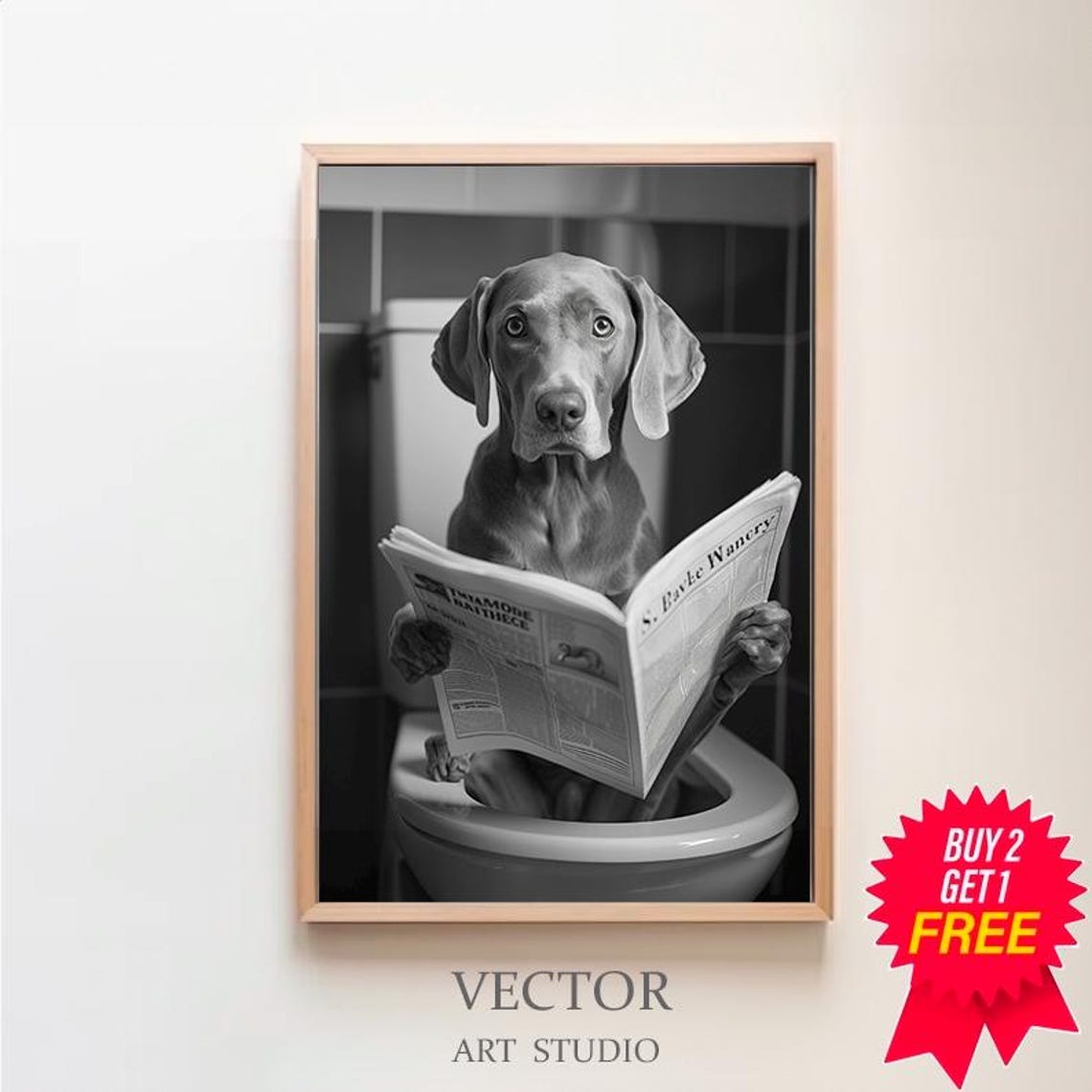 Grey Weimaraner Reading Newspaper on Toilet Funny Bathroom Poster