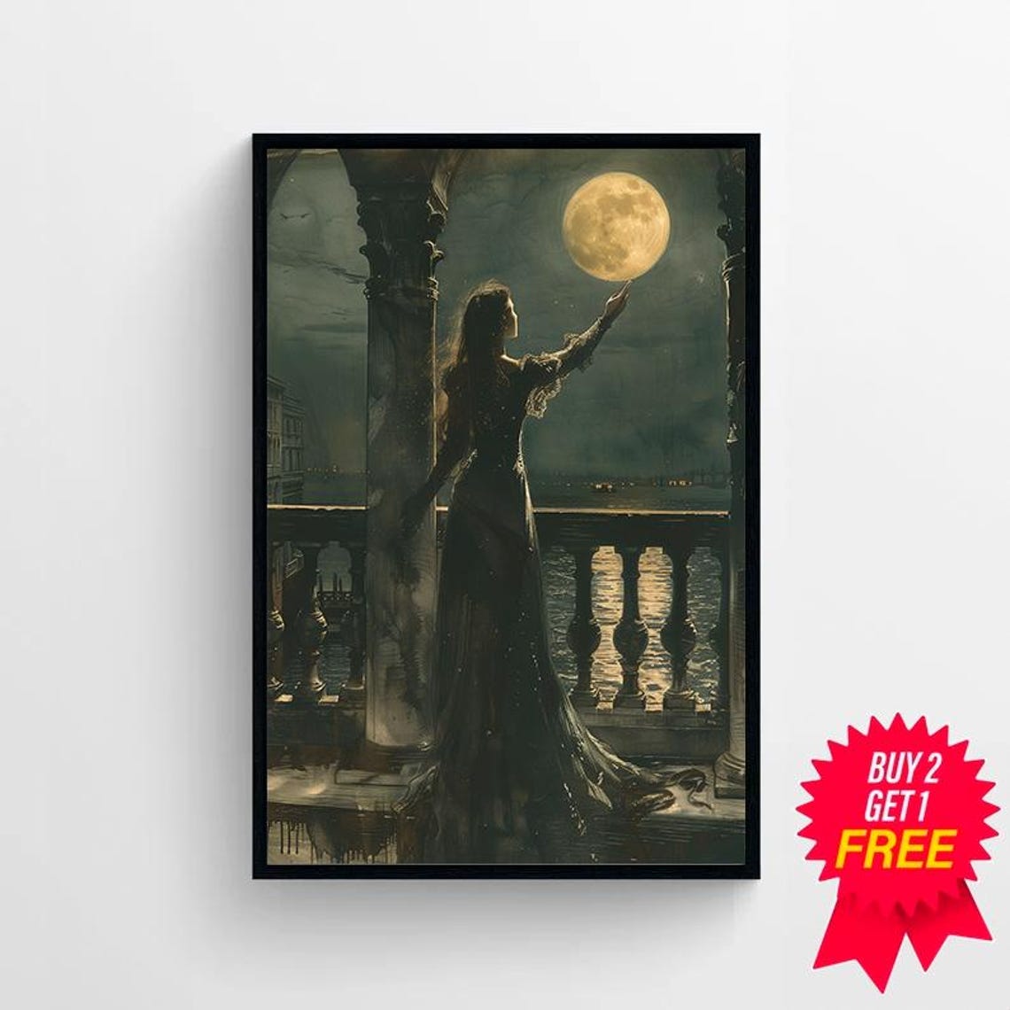 Gothic Woman Reaching for the Full Moon Night Dark Art Poster - Image 4