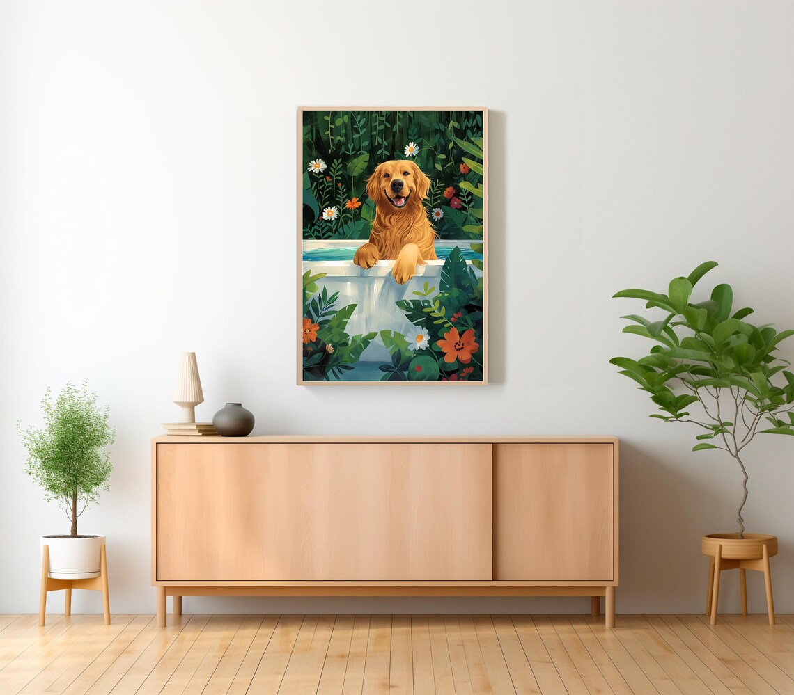 Golden Retriever Leaning Over Bathtub Edge Daisy Garden Wall Poster - Image 2
