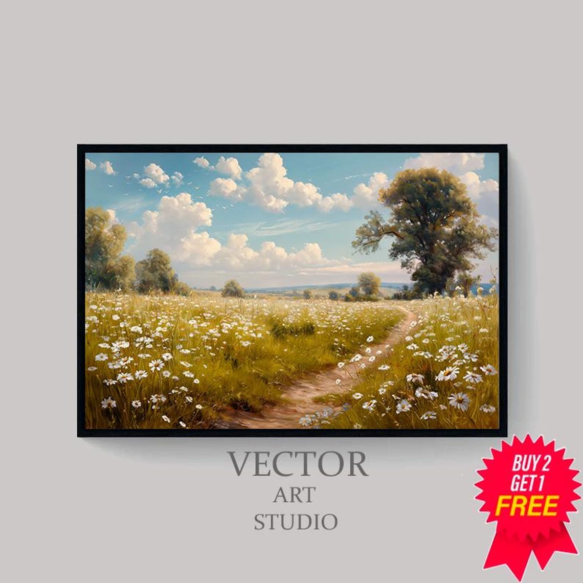 Daisy Field with Winding Country Path Summer Landscape Art Poster - Image 4