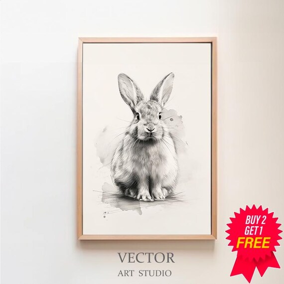 Cute Bunny Front View Delicate Ink Sketch Rabbit Watercolor Poster