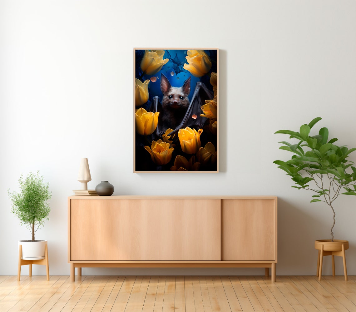 Cute Fruit Bat Among Bright Yellow Tulips Whimsical Animal Art Poster - Image 2