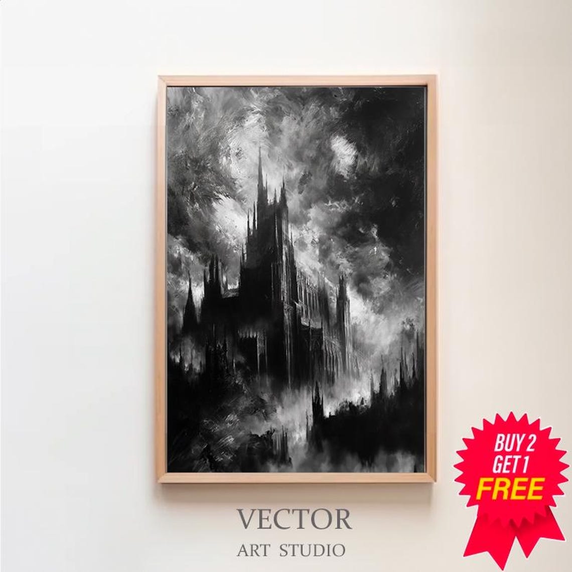 Draculas Castle in Stormy Night Sky Black White Gothic Vampire Poster