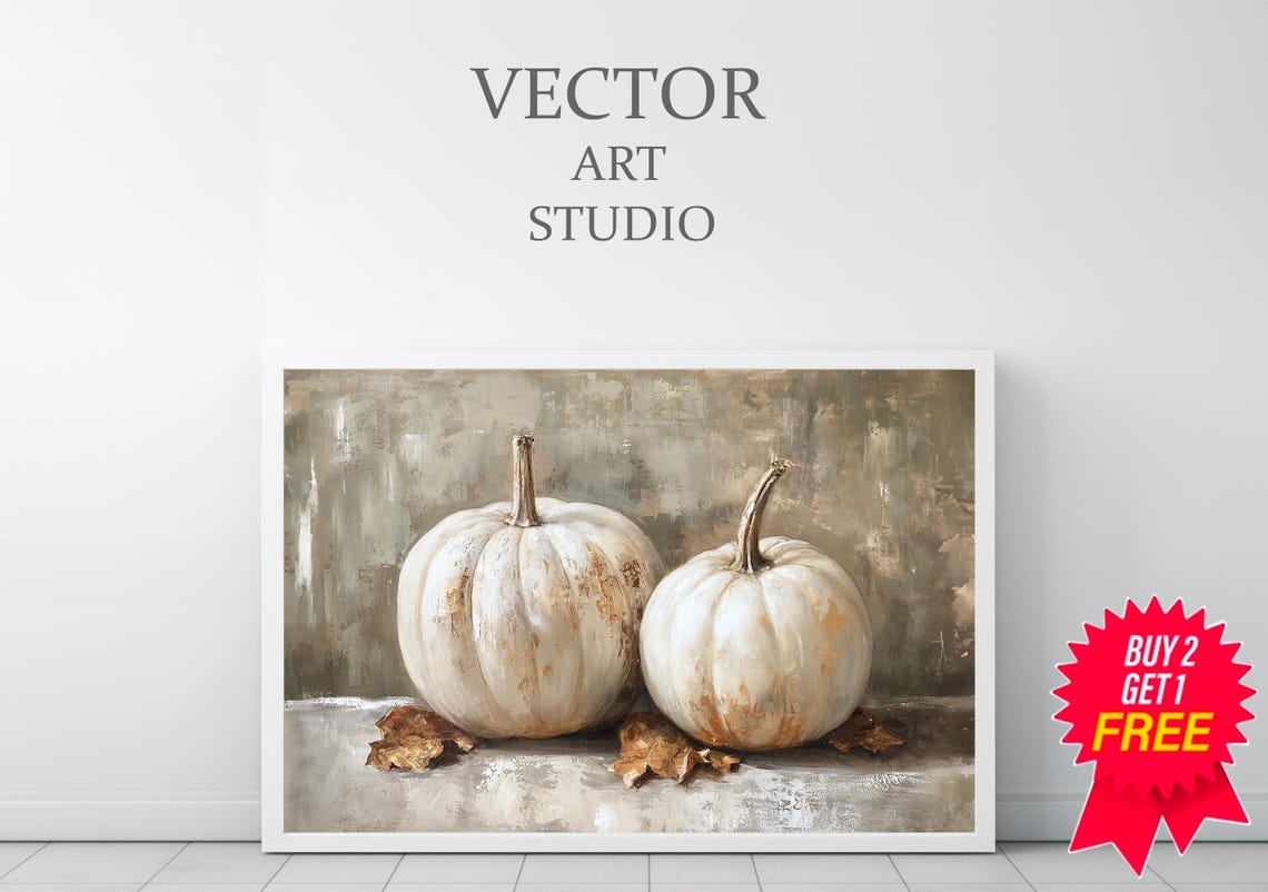 Two White Pumpkins with Autumn Leaves Farmhouse Fall Still Life Poster - Image 3