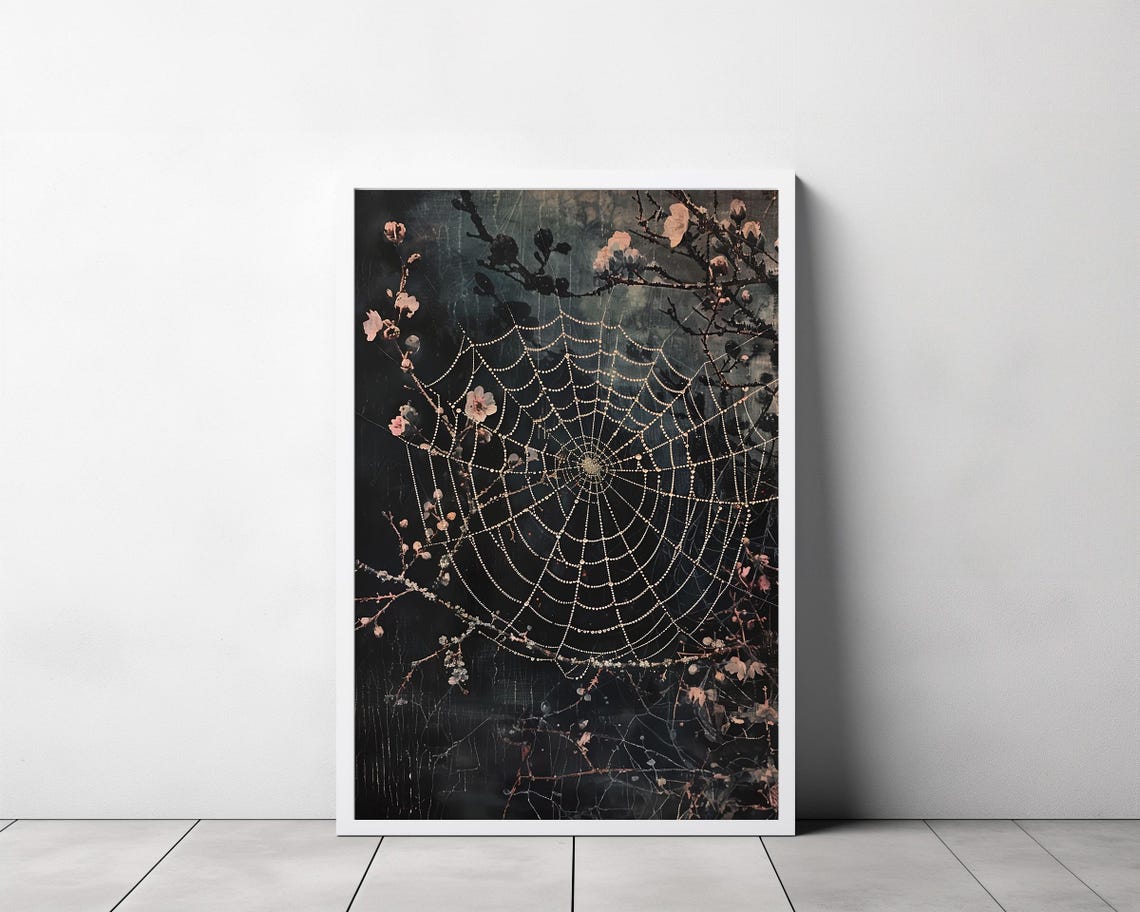 Dewy Spider Web on Blossoming Branches Dark Floral Oil Style Poster - Image 3