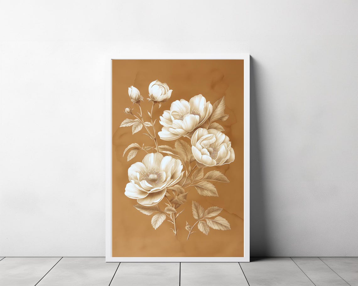 Delicate Cream White Rose Blooms on Caramel Background Poster - Image 3