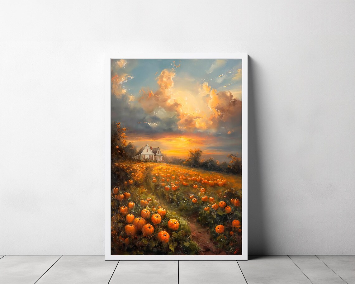 Golden Pumpkin Patch Field at Sunset with White Farmhouse Poster - Image 3