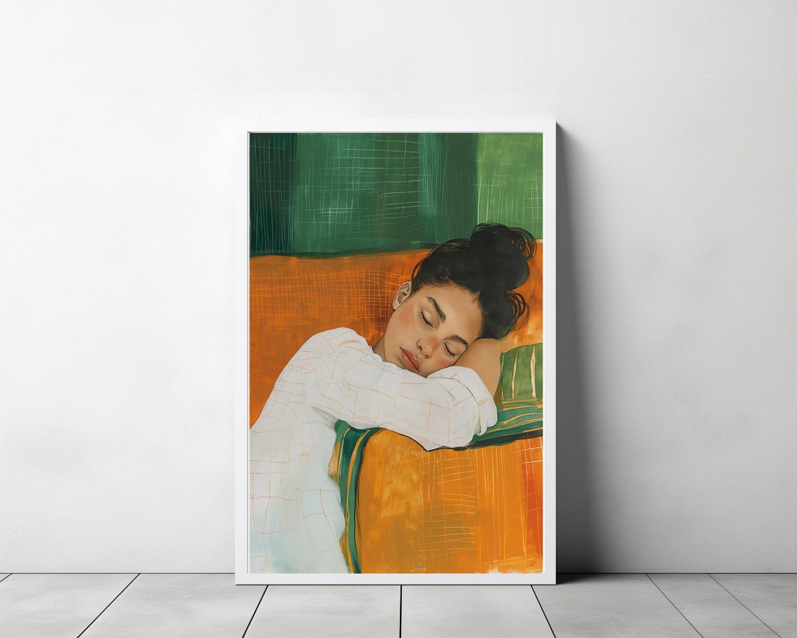 Sleeping Woman Resting on an Emerald Green Striped Couch Poster - Image 3