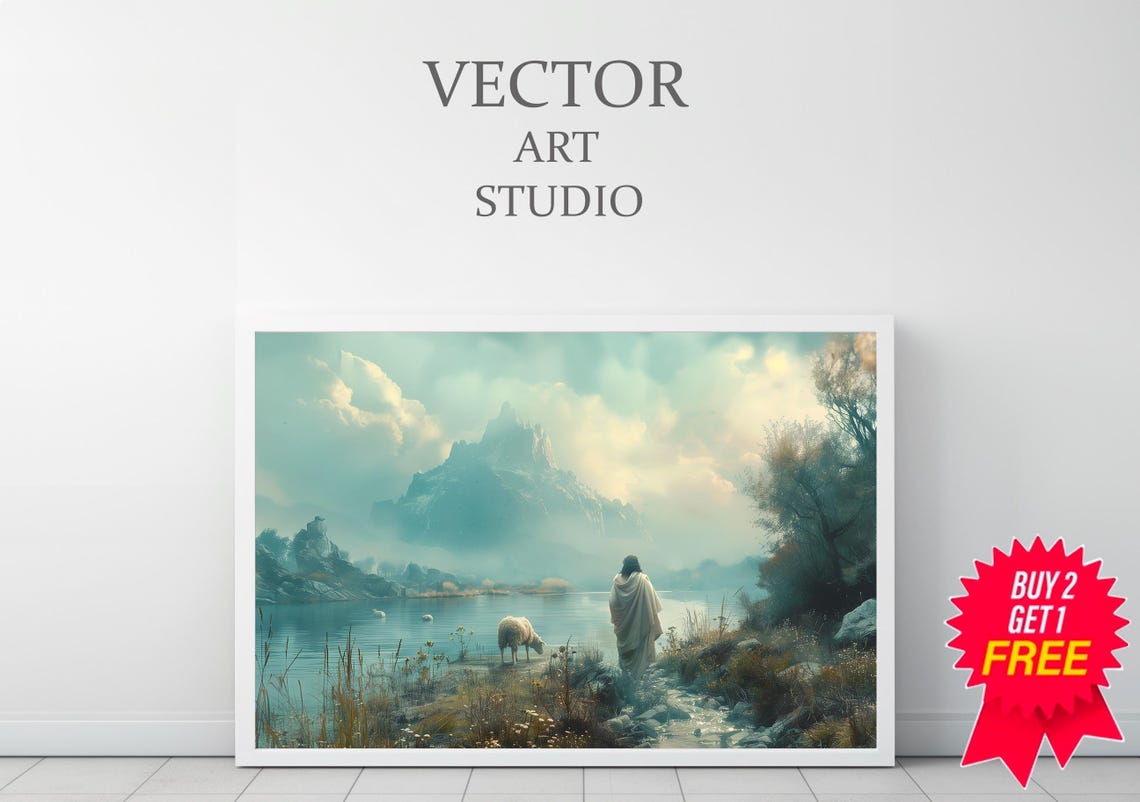 Jesus and a Sheep Gazing Across a Misty Mountain Lake Poster - Image 3