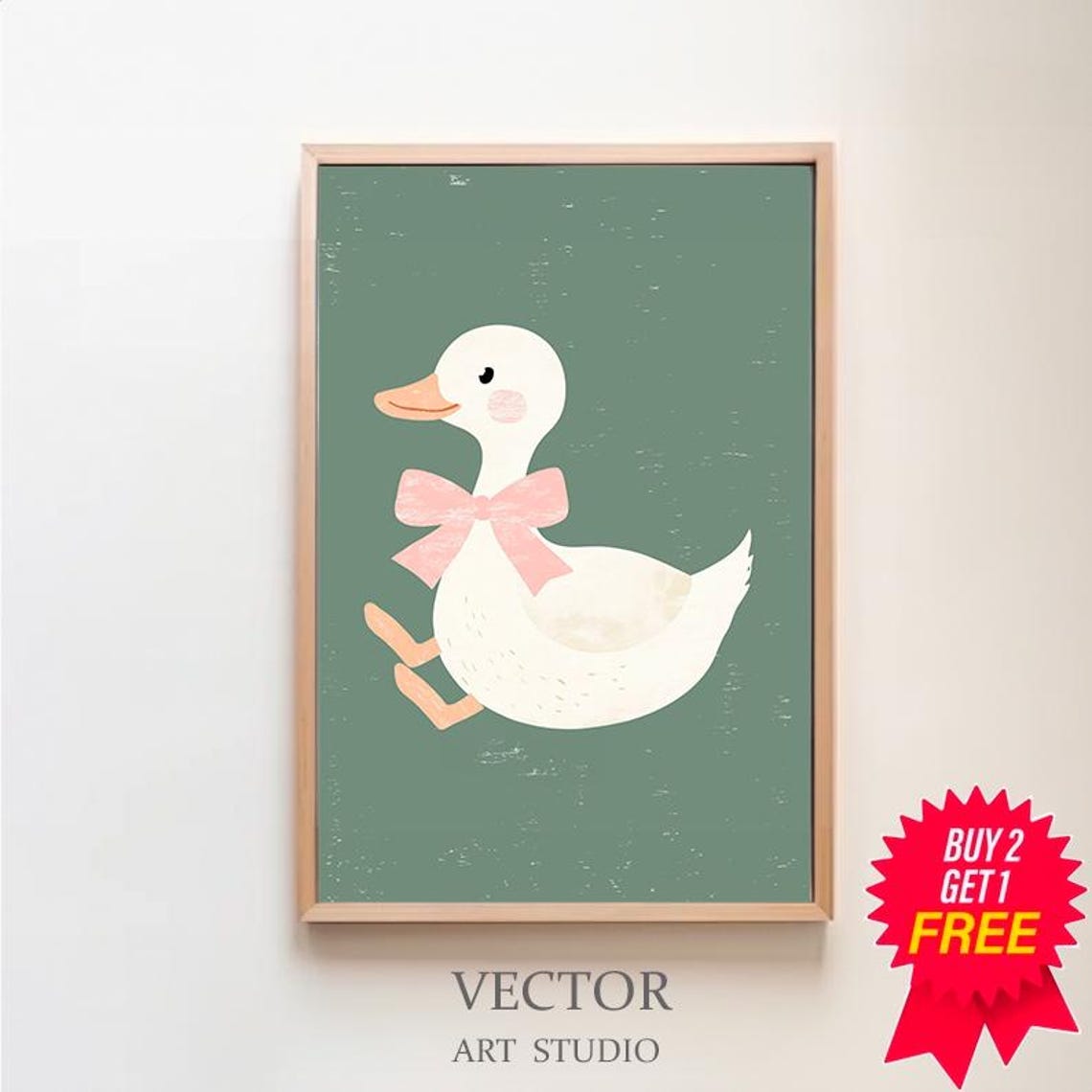 Cute Blushing Duck With Pink Bow on Sage Green Nursery Poster