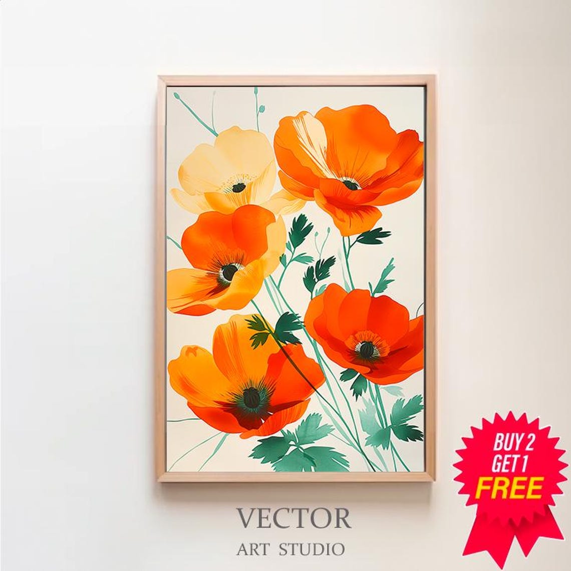 Orange Poppy Blossoms on Cream Modern Botanical Style Poster