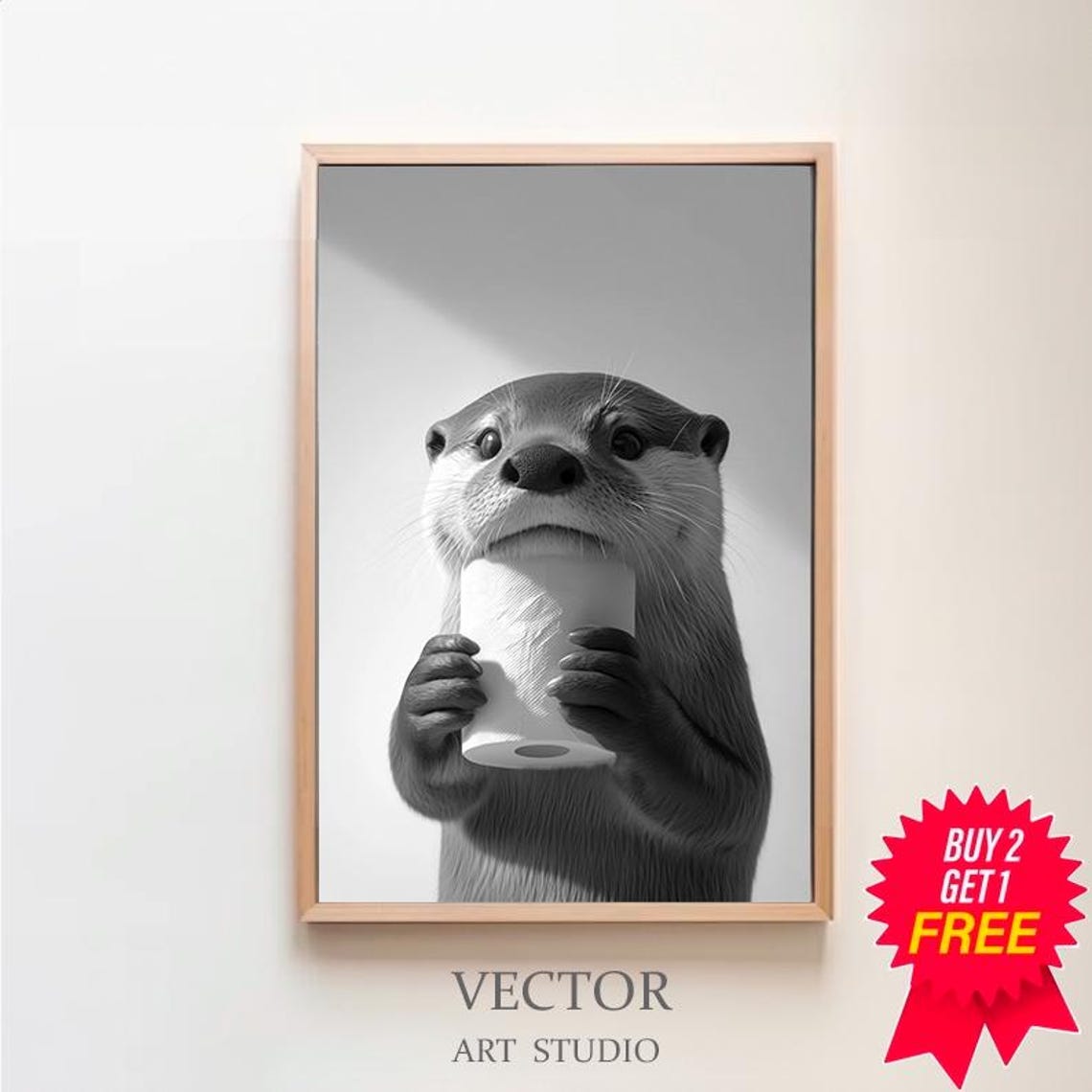 Funny Black and White Otter Biting a Toilet Paper Roll Poster
