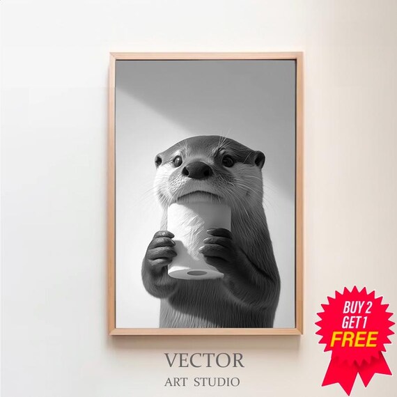 Funny Black and White Otter Biting a Toilet Paper Roll Poster