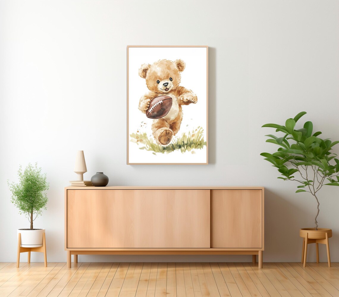 Teddy Bear Running with Football Watercolor Nursery Sports Poster - Image 2