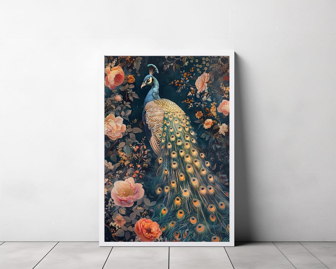 Majestic Peacock Among Blooming Peach Roses on Dark Teal Wall Poster - Image 3