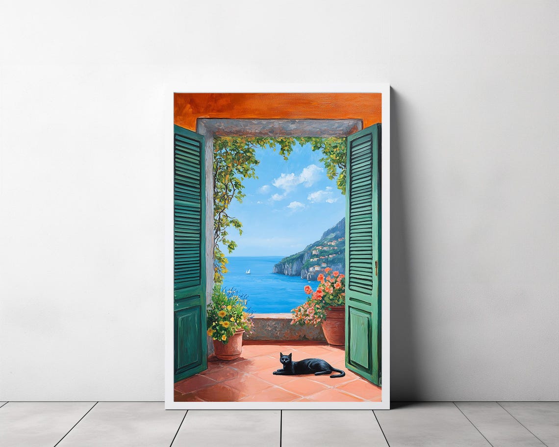 Black Cat on a Terrace with Green Shutters Amalfi Coast Poster - Image 3