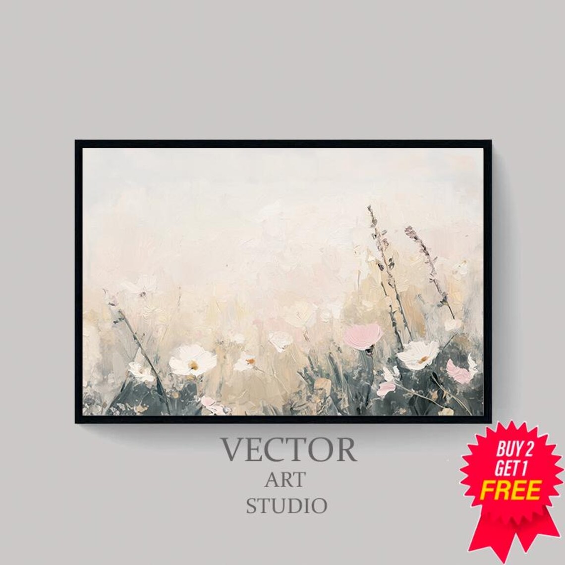 Ethereal Pastel Wildflowers Swaying in a Soft Beige Meadow Poster - Image 4