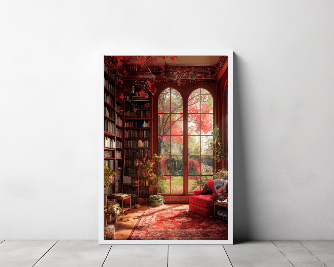 Romantic Crimson Rose-Filled Red Library Garden Windows Poster - Image 3