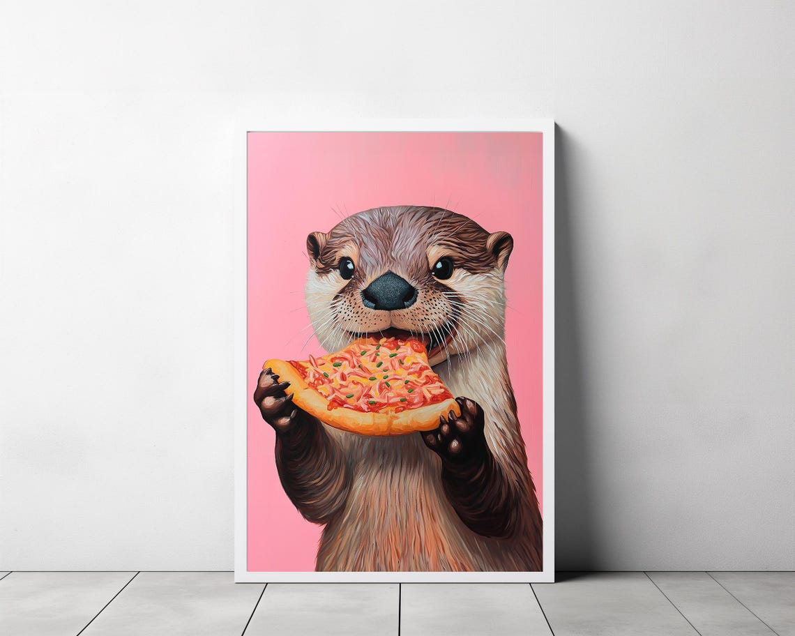 Otter Biting into a Pizza Slice on Pink Background Funny Animal Poster - Image 3