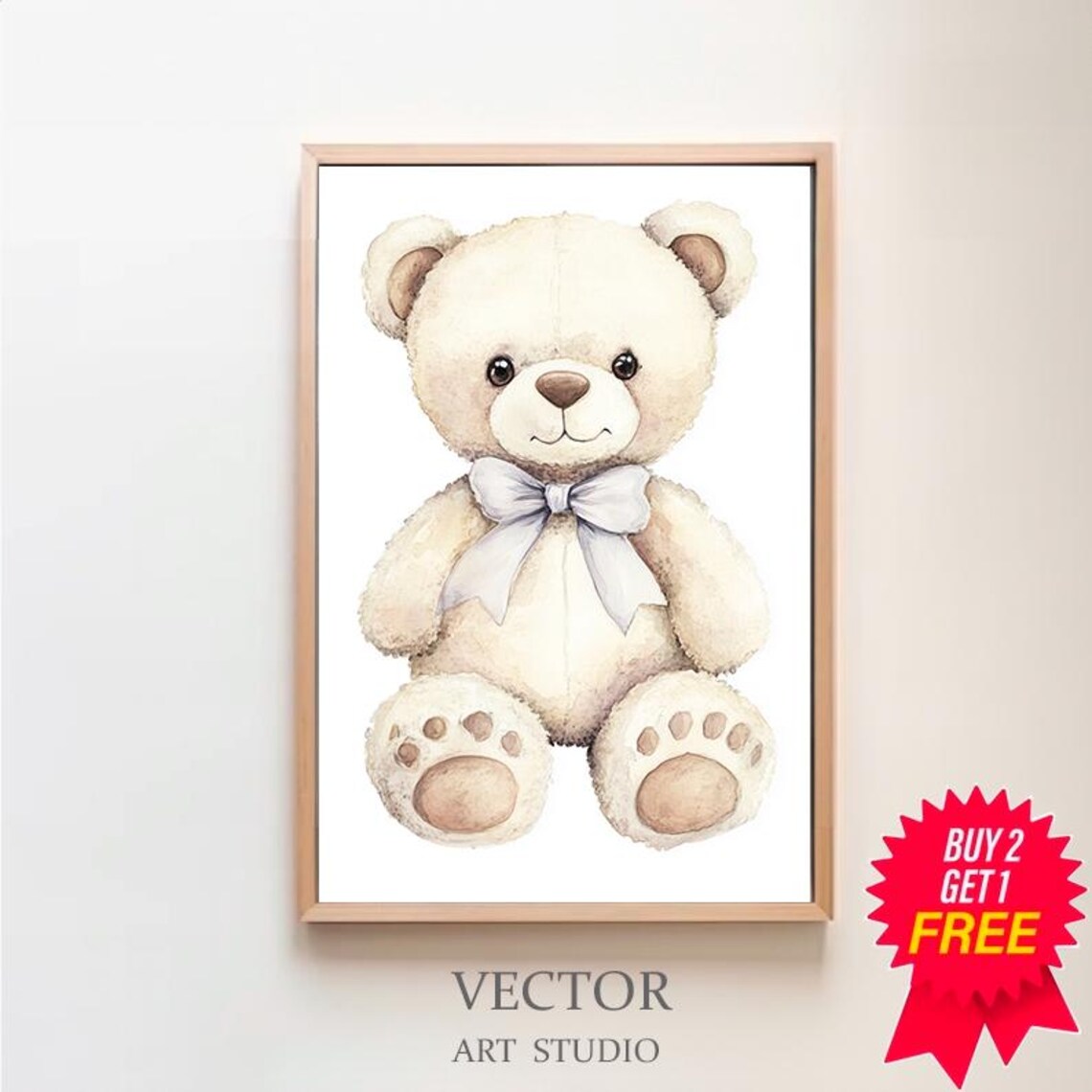 Cream Teddy Bear with Gray Ribbon Bow Watercolor Nursery Poster