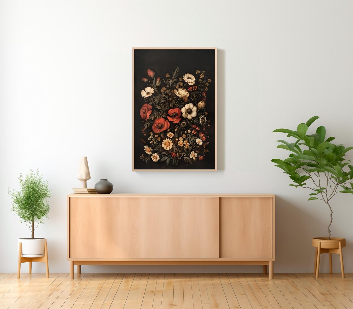Red Poppy Moody Floral Bouquet Daisy and Anemone Vintage Poster - Image 2