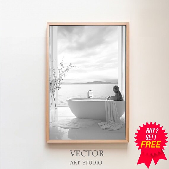 Woman Relaxing in a Bathtub by an Ocean View Window Photo Style Poster
