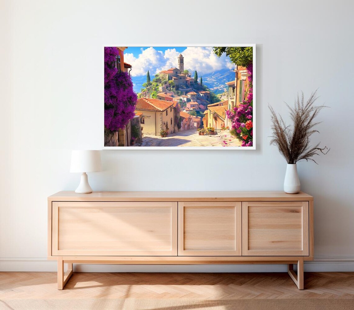 Colorful Hillside Village Street With Bougainvillea Art Poster - Image 2
