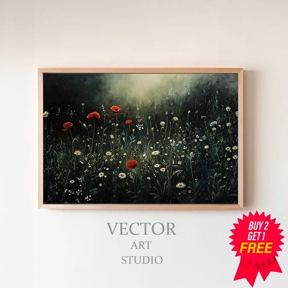 Vintage Dark Floral Art Moody Botanical Flower Painting Print Dark Academia Aesthetics Farmhouse Wall Art