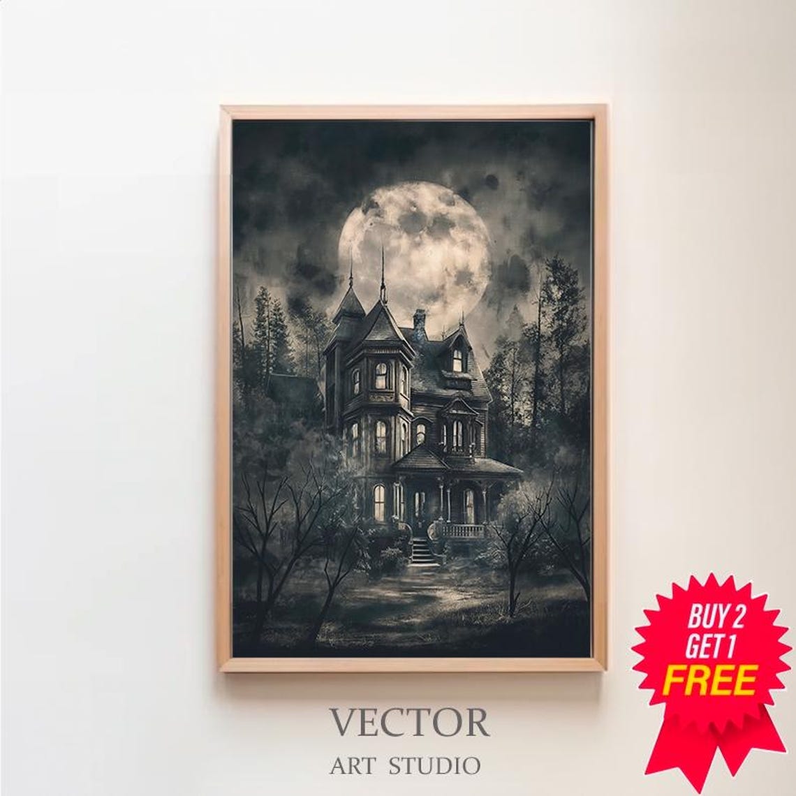 Victorian Haunted House Under Moonlight Vintage Halloween Poster
