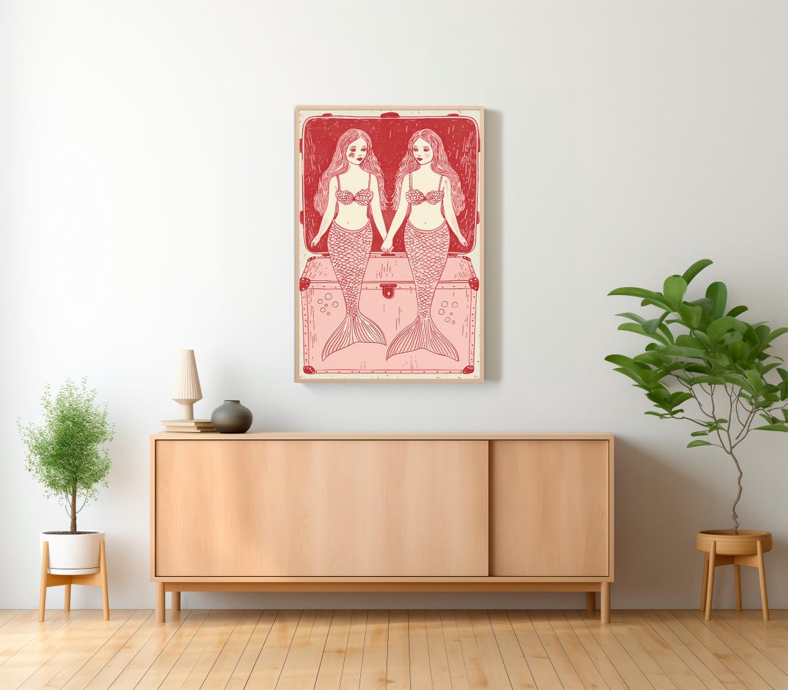 Twin Mermaids Holding Hands Red Duotone Folk Line Art Poster - Image 2