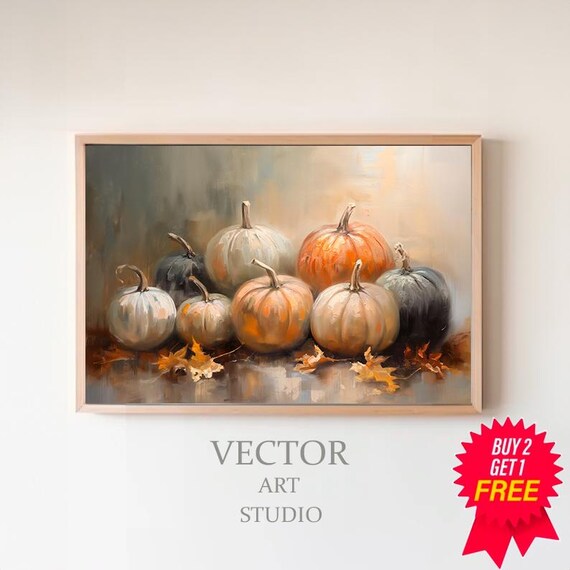 Soft Gray White And Orange Pumpkin Group Fall Still Life Poster