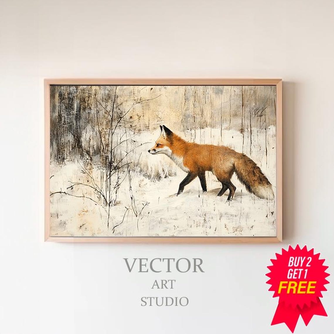 Red Fox Walking Through Falling Snow Vintage Winter Painting Poster