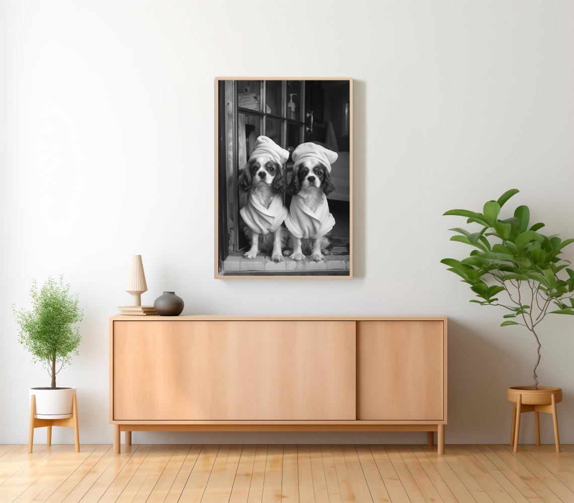 Two Cavalier Spaniels in Bathrobes at Glass Doors Funny Poster - Image 2