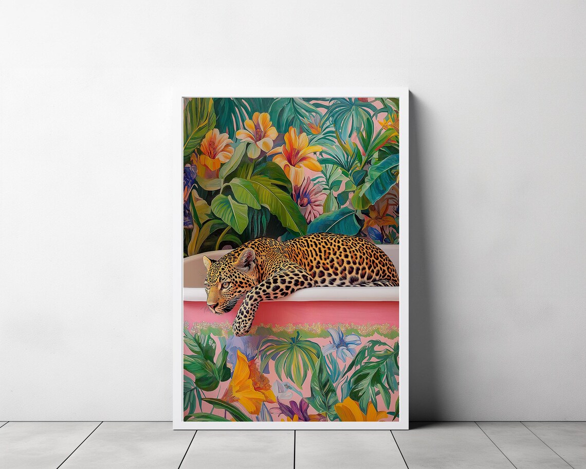 Leopard Draped Over a Pink Tub in a Vibrant Tropical Floral Room Poster - Image 3