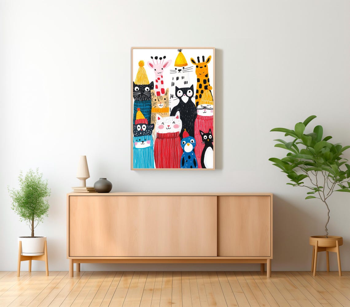 Colorful Cats Giraffes Cute Animals In Sweaters Kids Wall Poster - Image 2
