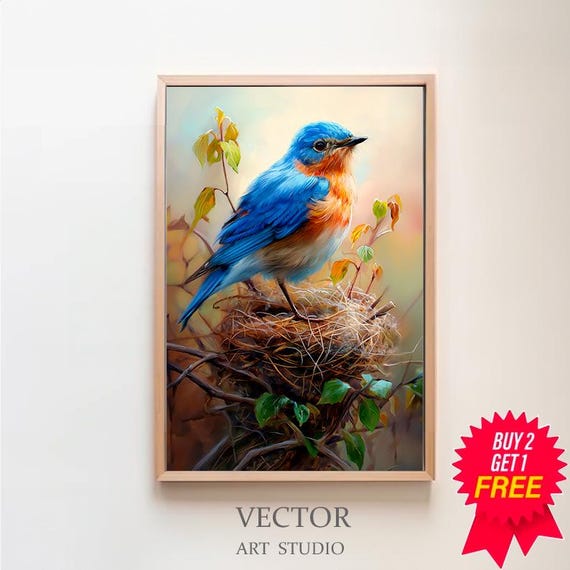 Vintage Bluebird Bird Print Antique Bird Wall Art Moody Vintage Decor Oil Painting Living Room Art
