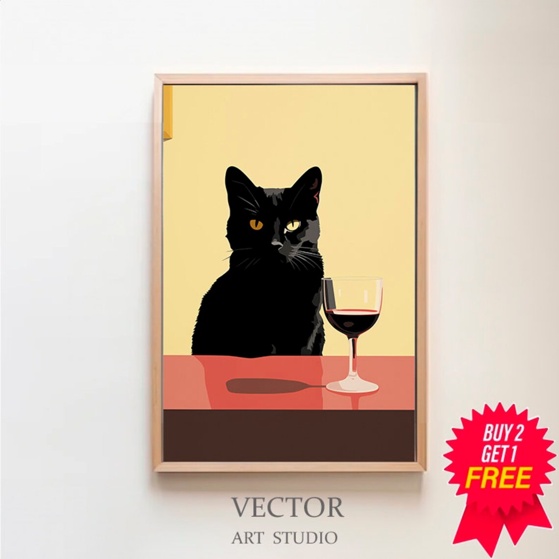 Sleek Black Cat Enjoying a Glass of Red Wine at a Table Poster