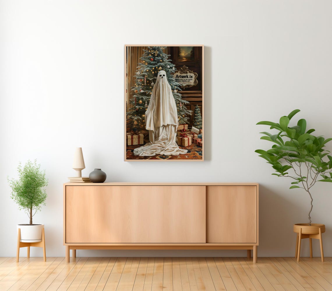 Cute Sheet Ghost Beside Decorated Christmas Tree Holiday Poster - Image 2
